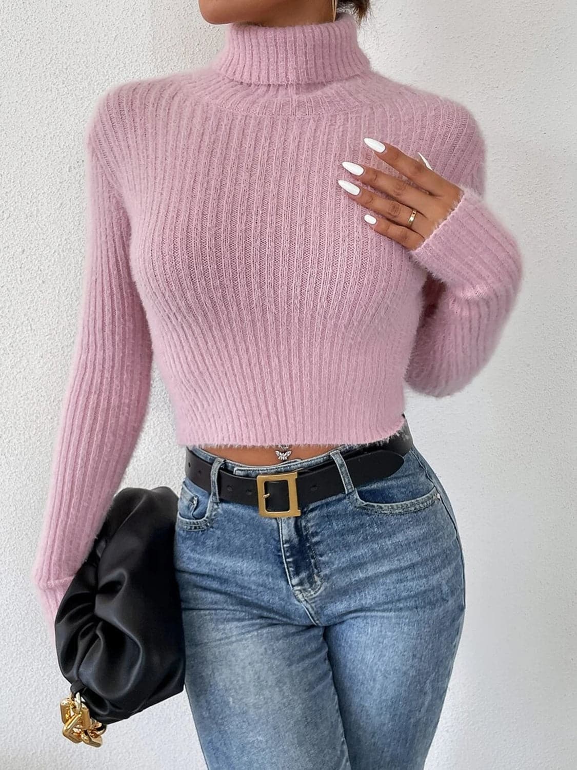 Ribbed Turtleneck Long Sleeve Sweater.