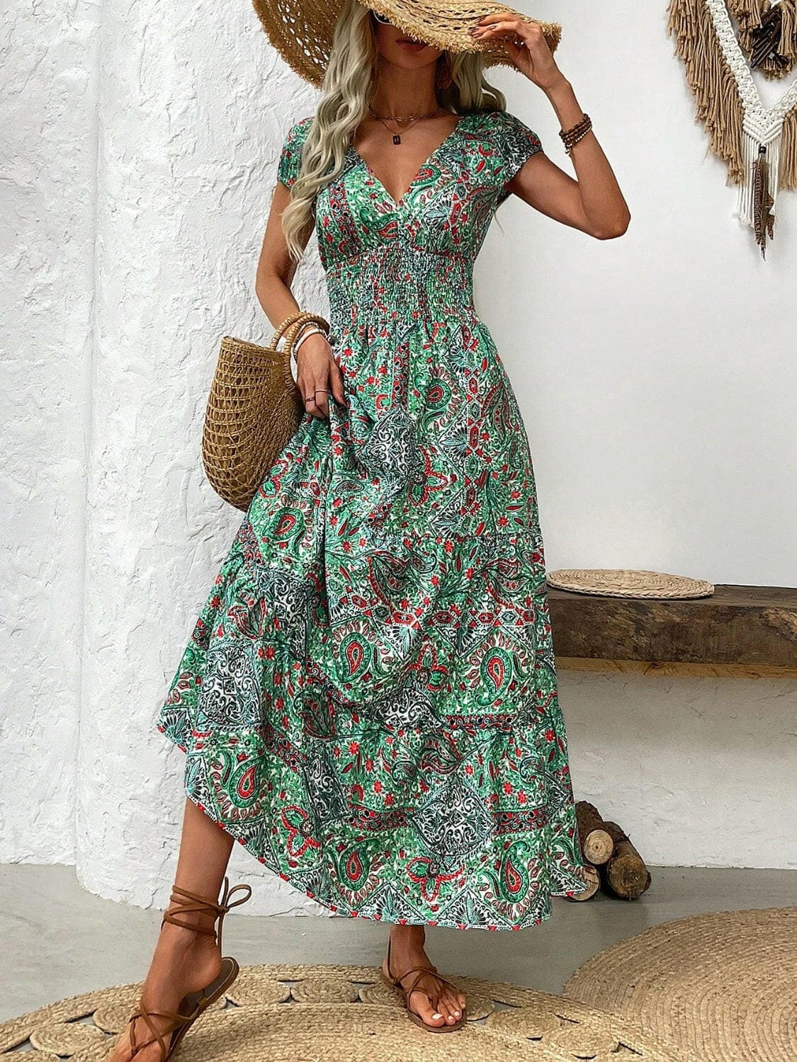 Smocked Printed Cap Sleeve Midi Dress.