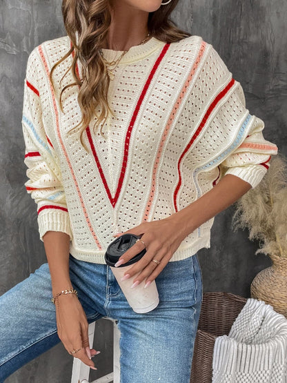 Chic eyelet long sleeve sweater with round neck