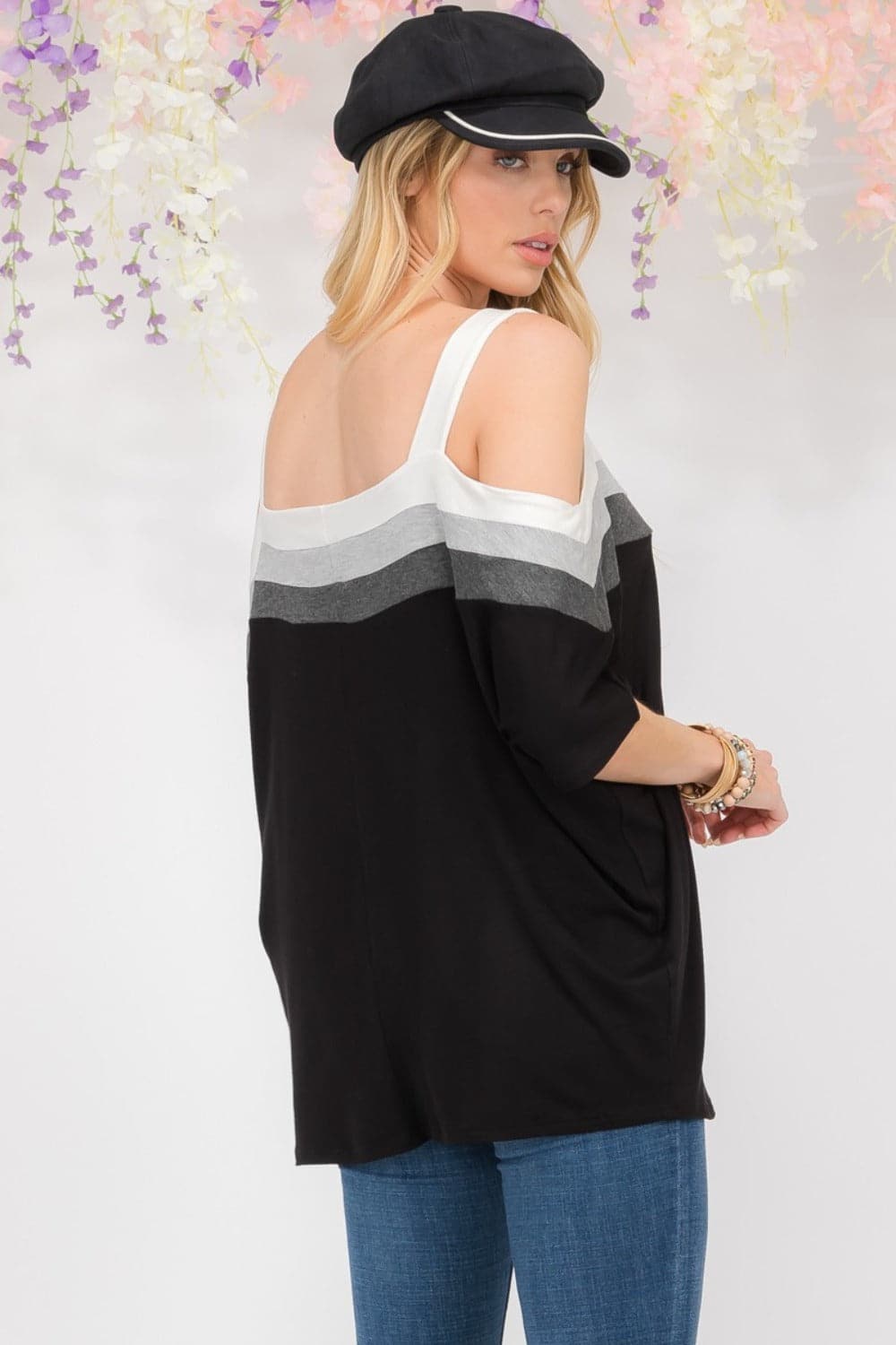 Celeste Full Size Striped Cold Shoulder Top.