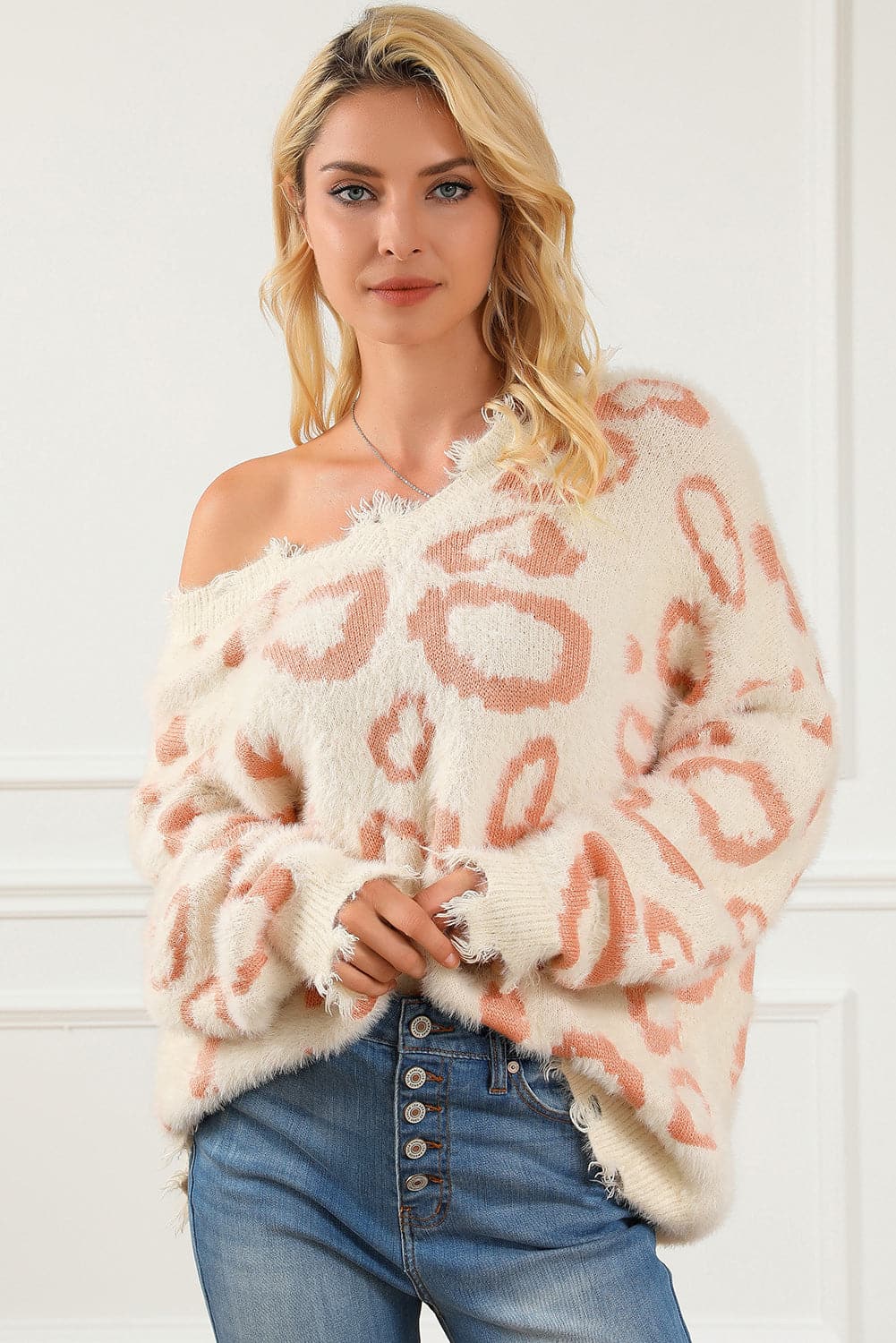 Leopard V-Neck Dropped Shoulder Sweater.