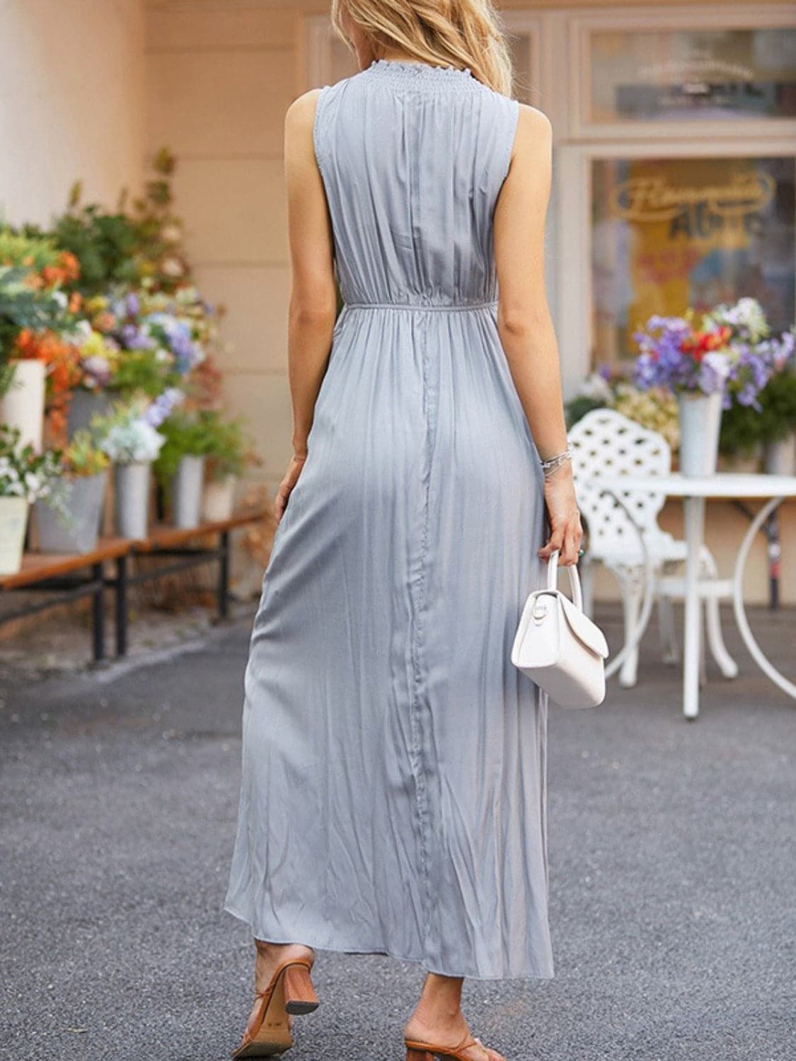 Ruched Notched Sleeveless Midi Dress.