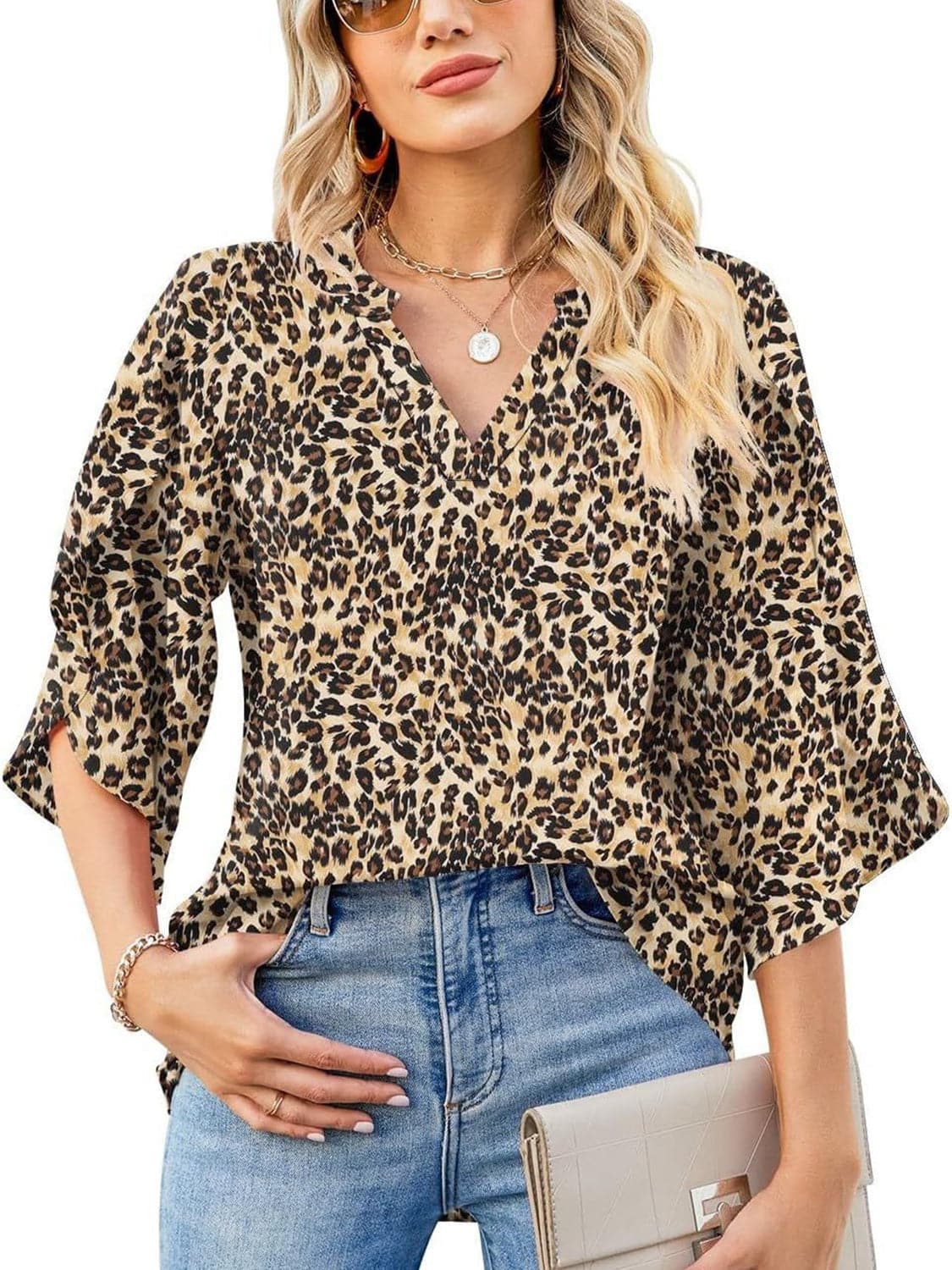 Printed Notched Half Sleeve Blouse.