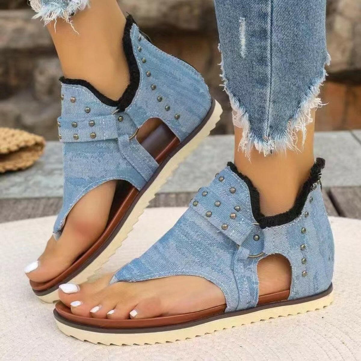 Rivet Detail Frayed Edge Slide Sandals.