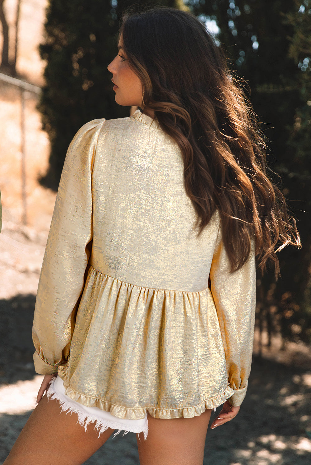 Gold Metallic Frilled V Neck Puff Sleeve Babydoll Blouse