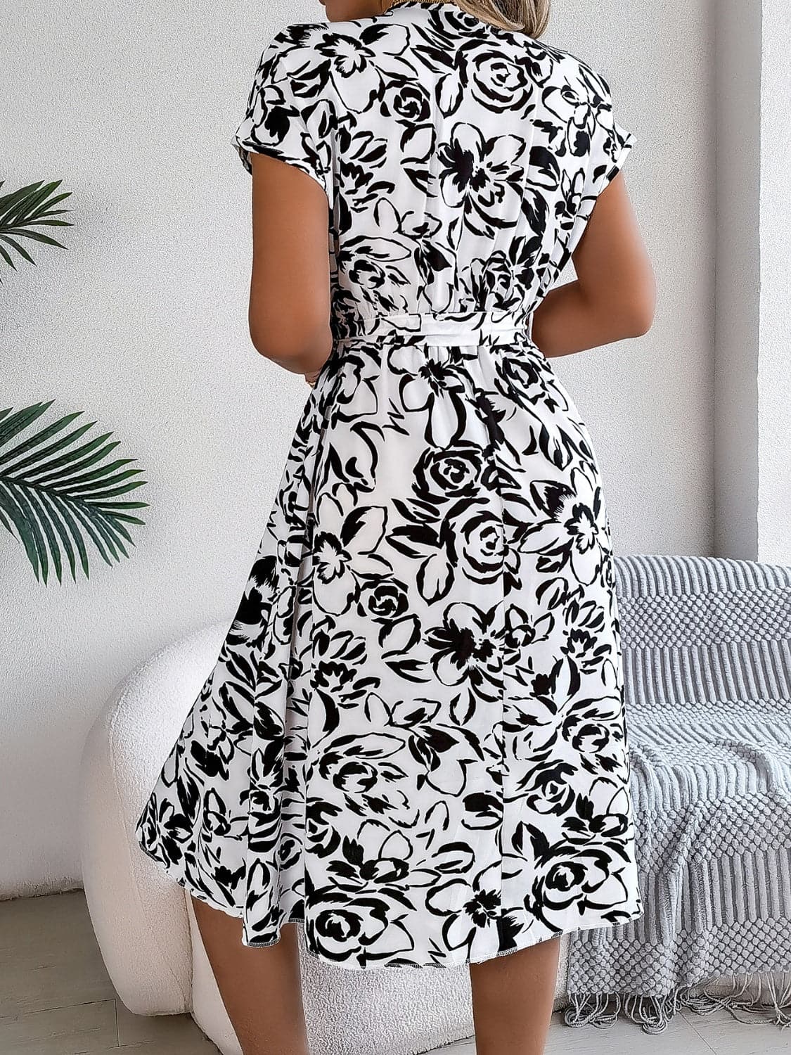 Printed V-Neck Short Sleeve Dress.