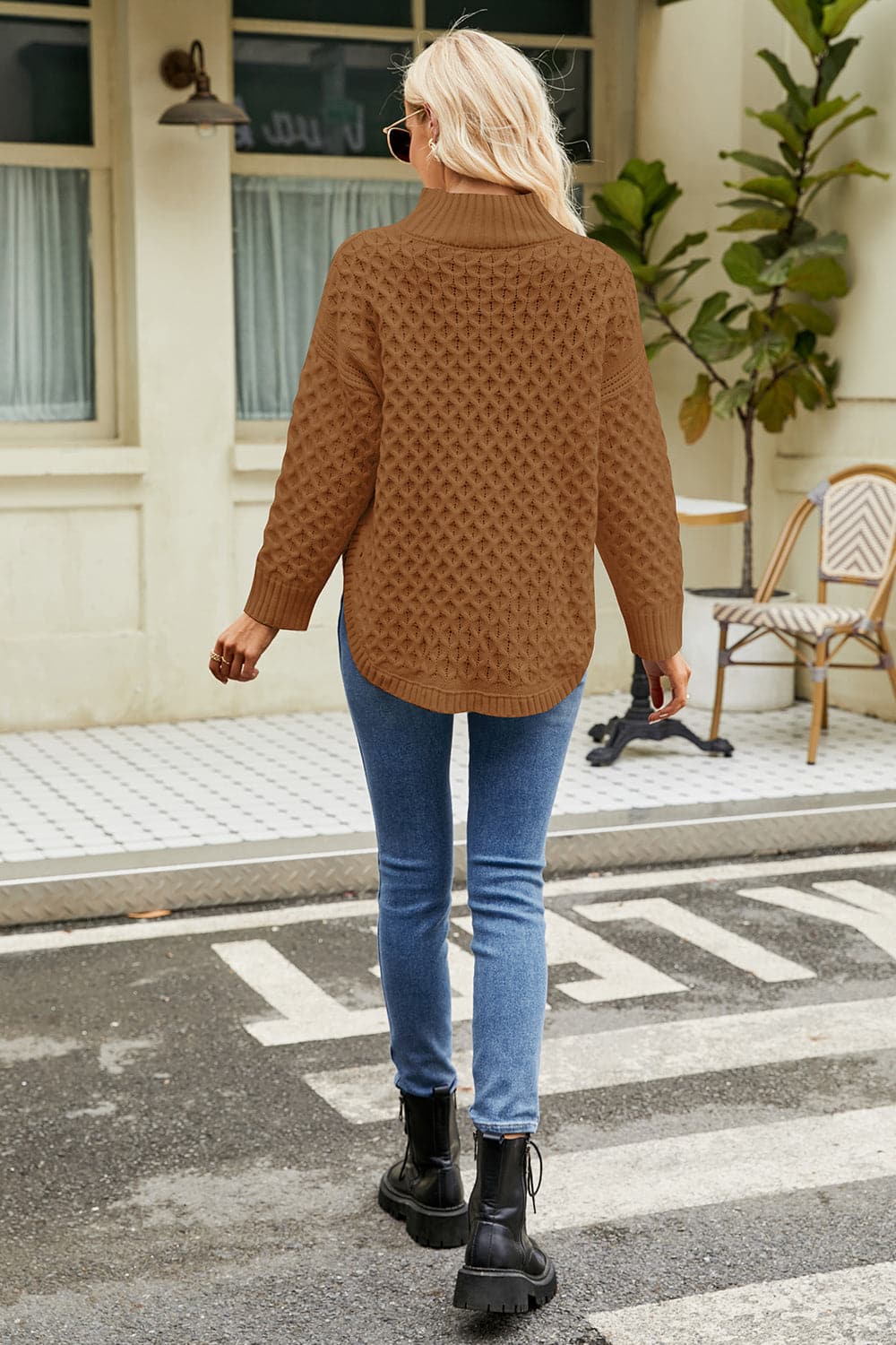 Slit Long Sleeve Mock Neck Sweater.