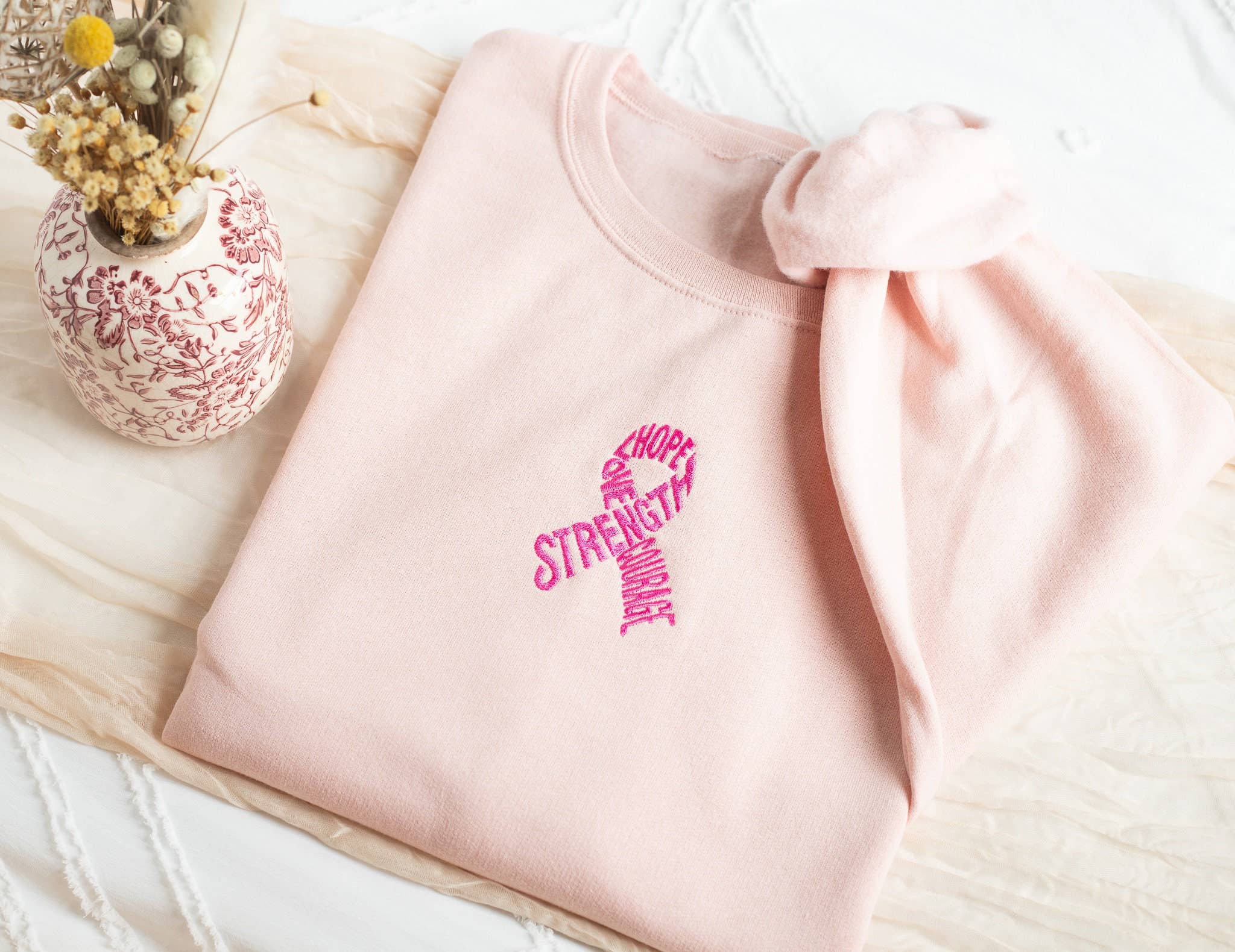 Embroidered Breast Cancer Awareness Motivational Sweatshirt – Blush Pink Coco’s Tee Boutique