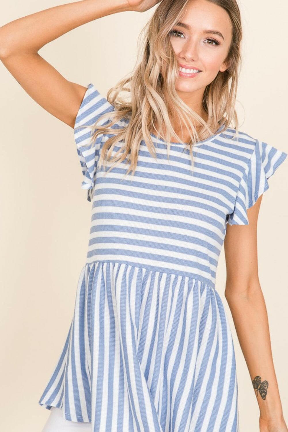 BOMBOM Striped Round Neck Blouse.