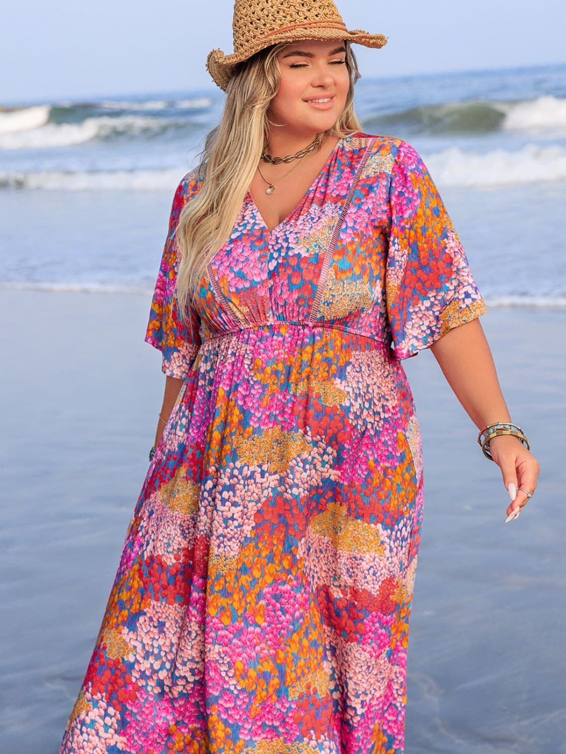 Plus Size Slit Printed Half Sleeve Dress.