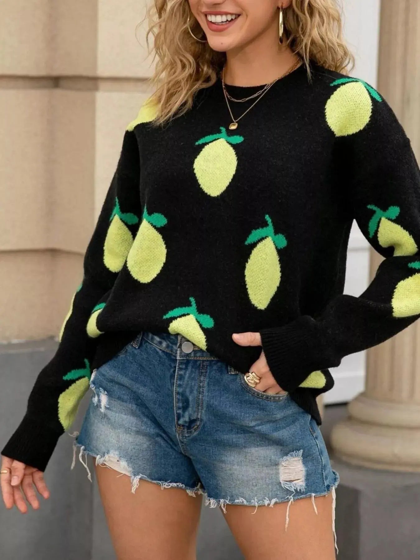 Lemon Crew Neck Round Neck Sweater Simply Love