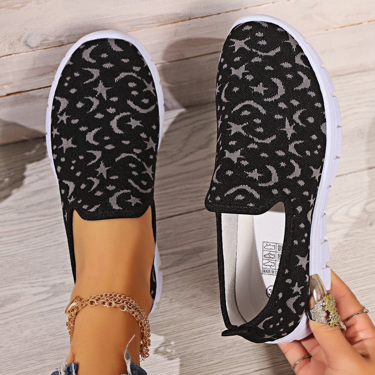 Star & Moon Pattern Flat Loafers.