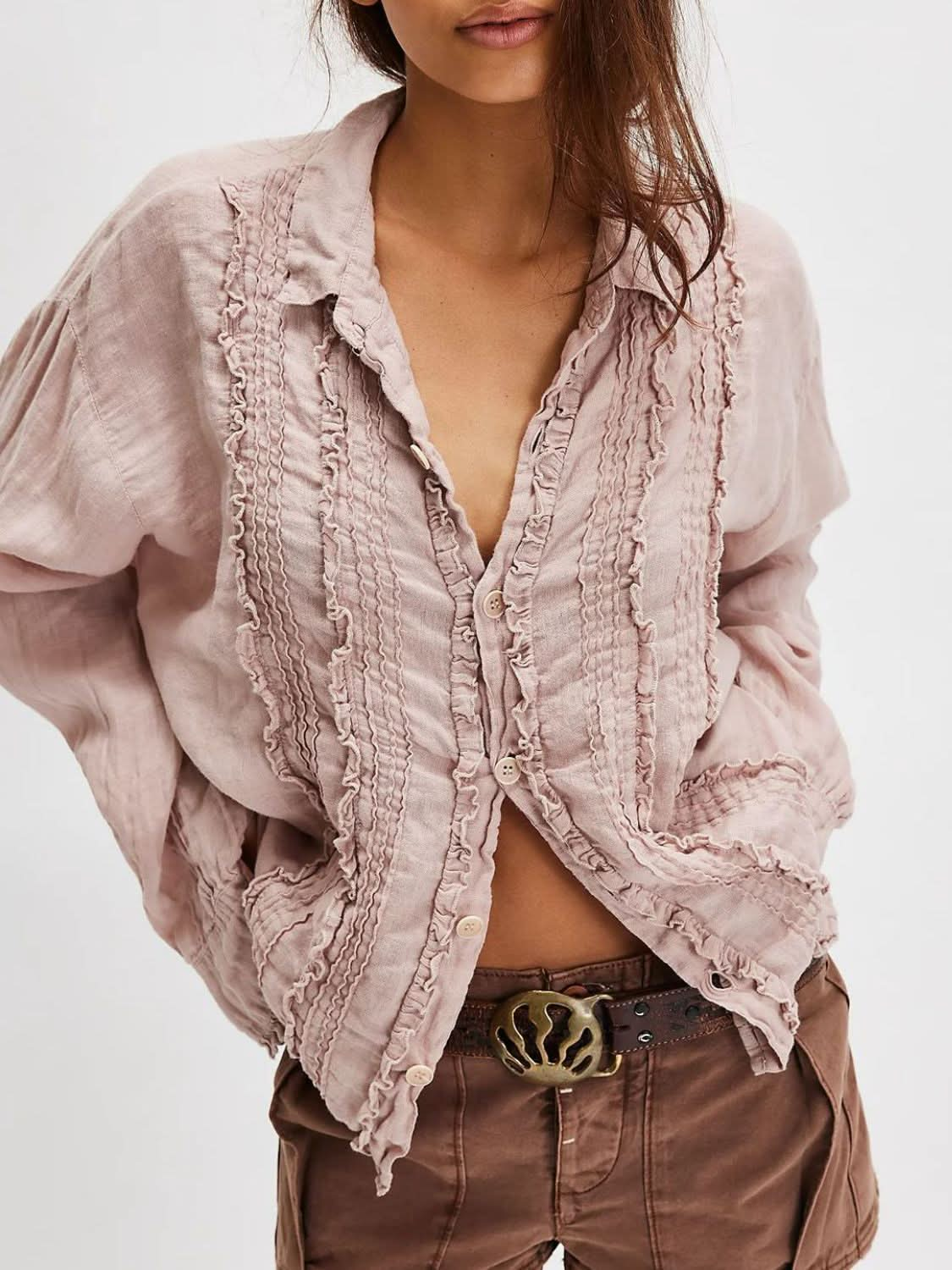 Ruffled Collared Long Sleeve Ruched Shirt