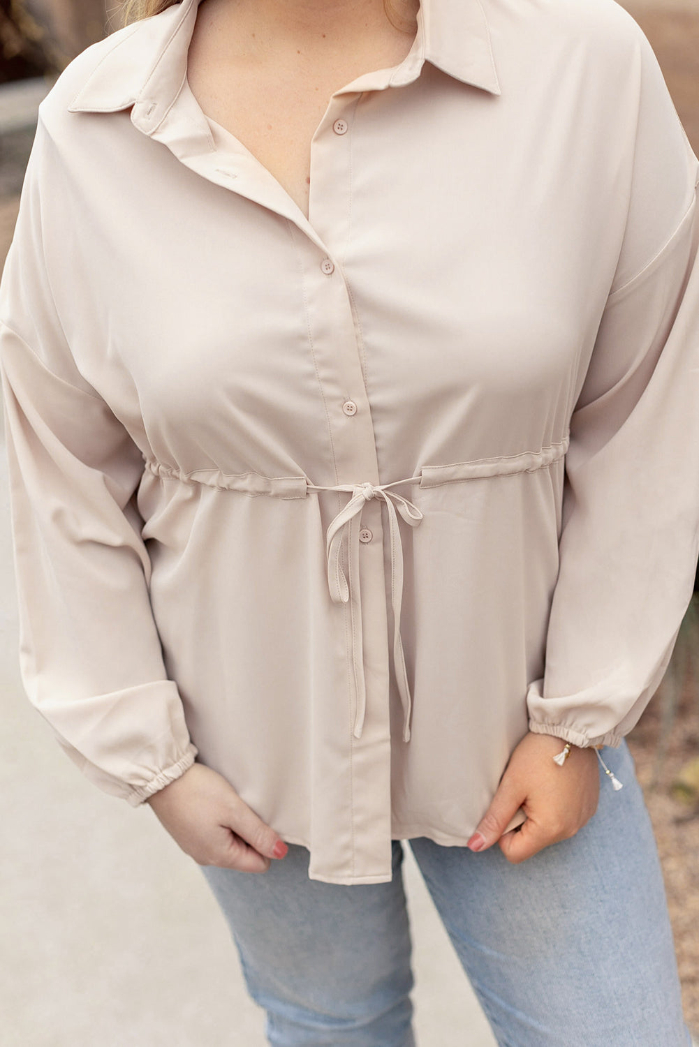 Chic beige puff sleeve tunic shirt for plus sizes