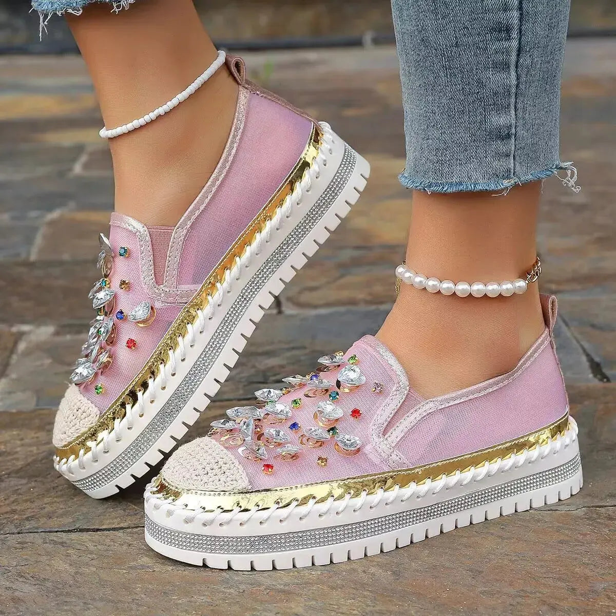 Rhinestone Decor Platform Loafers Simply Love