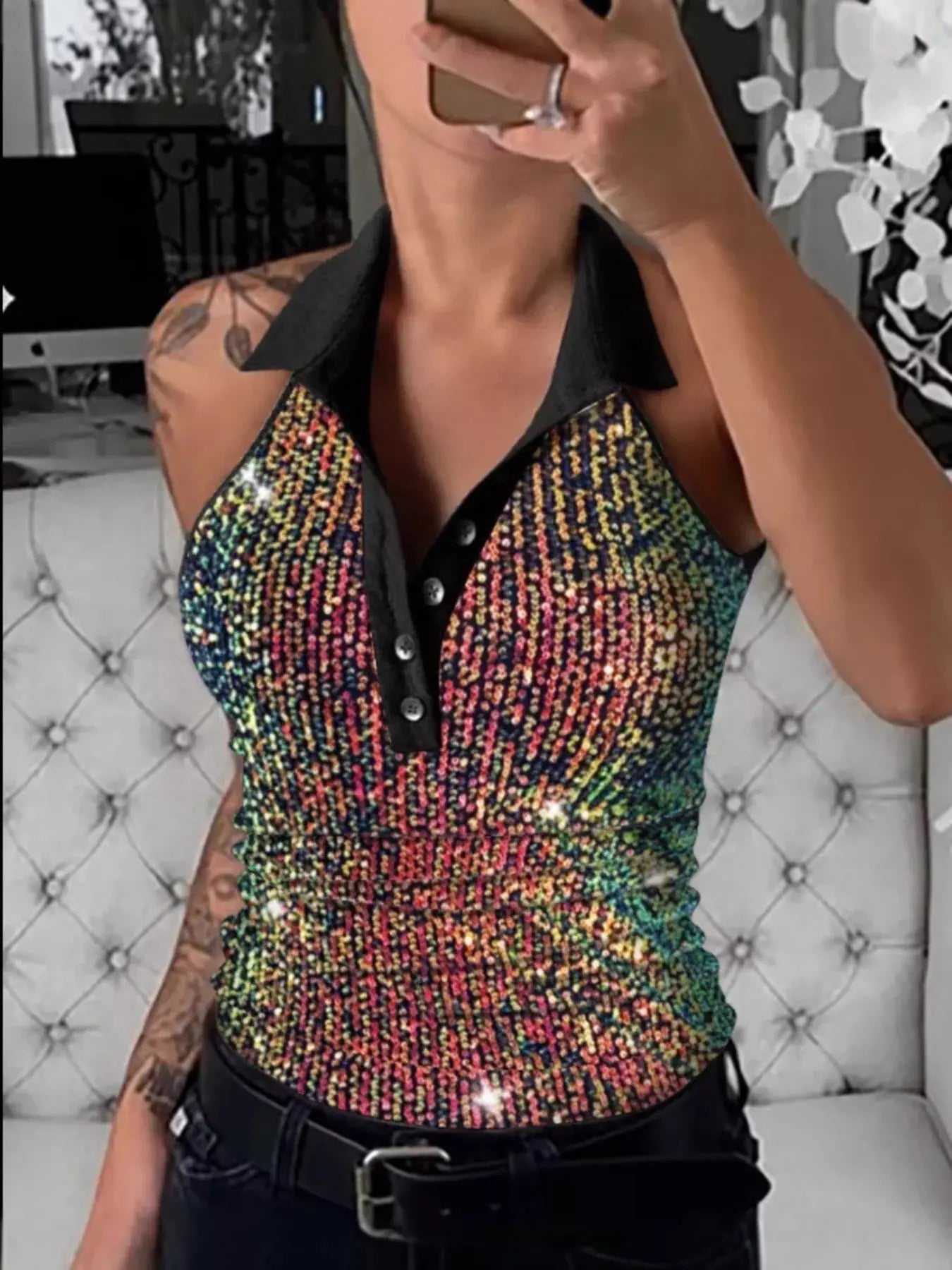Sparkling Sequin Embellished Sleeveless Top Simply Love
