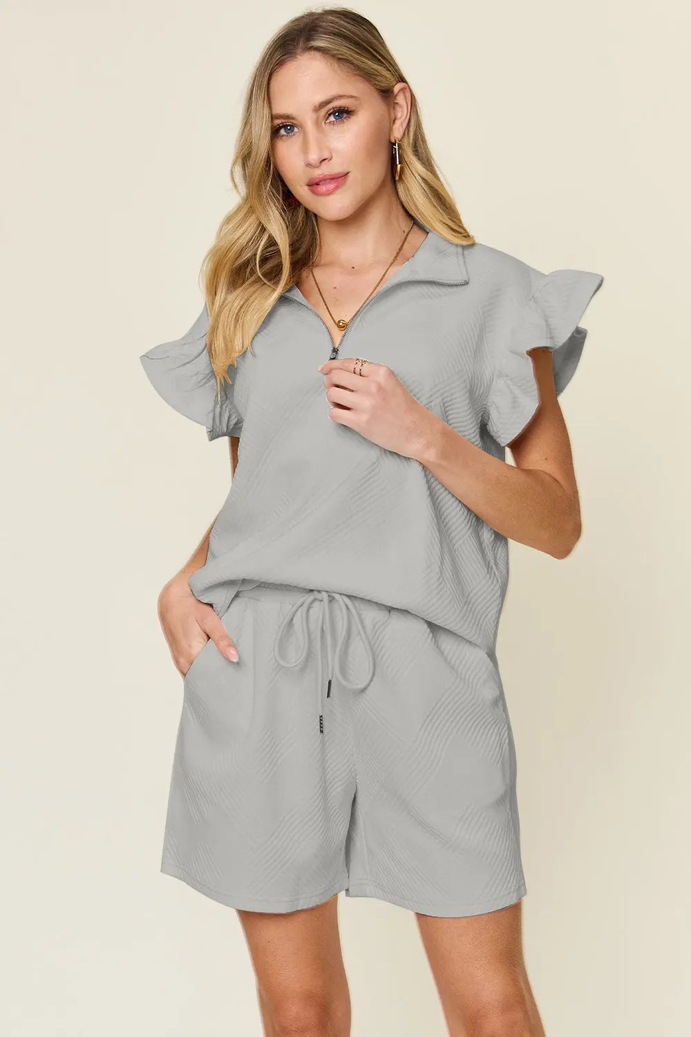 Double Take Full Size Texture Flounce Sleeve Top and Drawstring Shorts Set - Love Salve