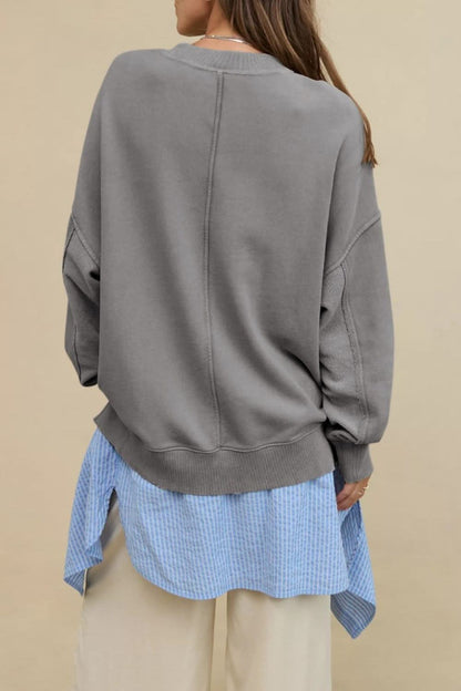 Side Slit Round Neck Long Sleeve Sweatshirt