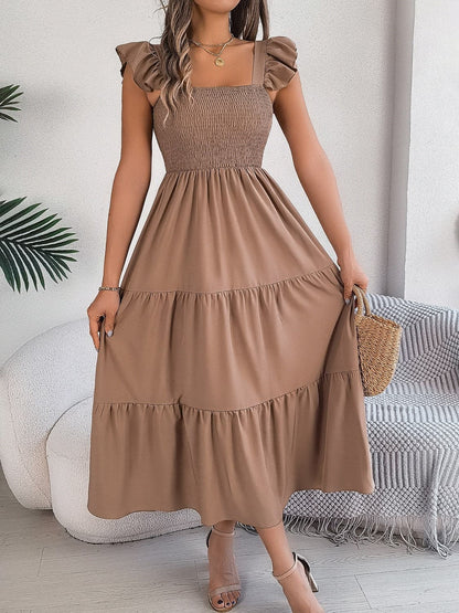 Smocked Square Neck Cap Sleeve Midi Dress.