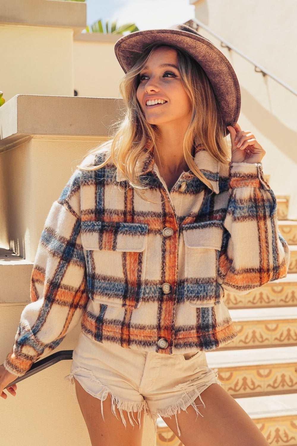 BiBi Brushed Plaid Crop Jacket with Pockets Coco’s Tee Boutique