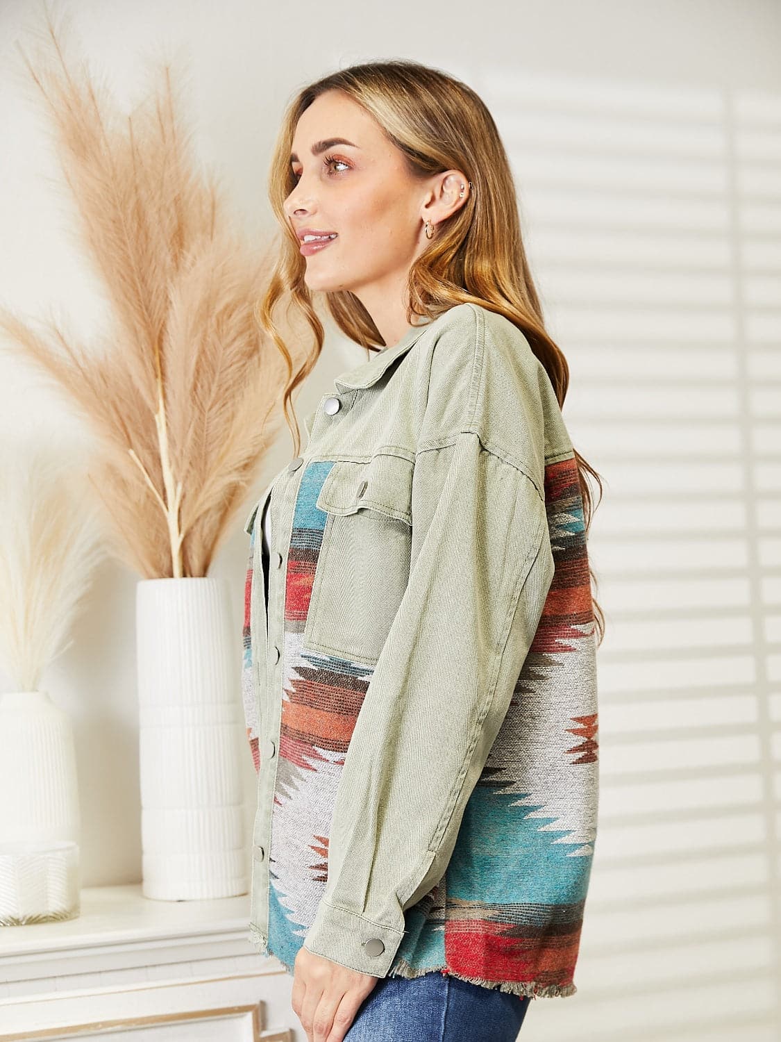 Dropped Shoulder Long Sleeve Printed Denim Jacket.