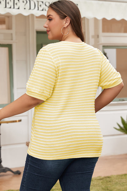 Chic yellow striped puff sleeve plus size jumper