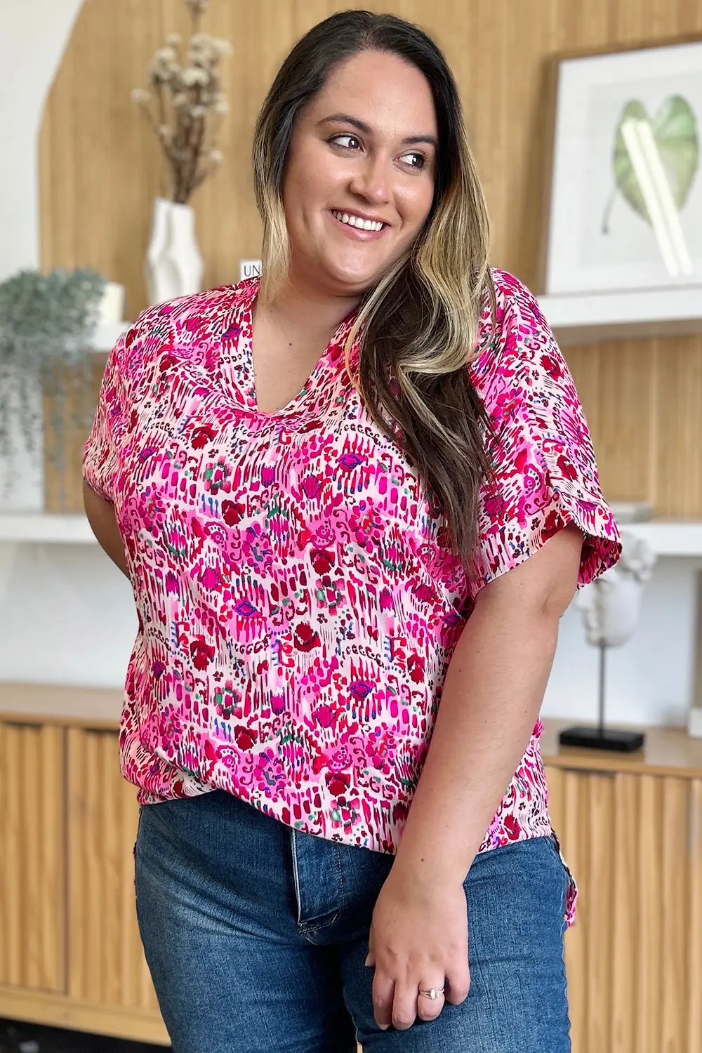 Double Take Full Size Printed V-Neck Short Sleeve Blouse - Love Salve