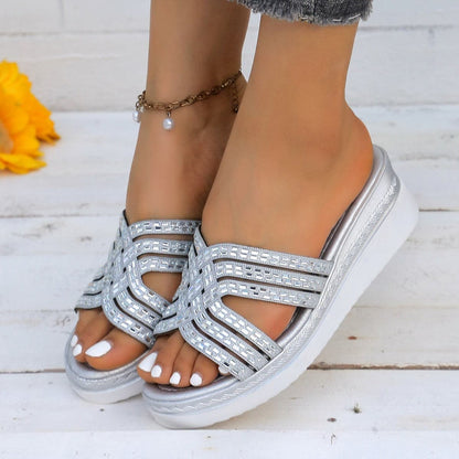 Rhinestone Open Toe Wedge Sandals.