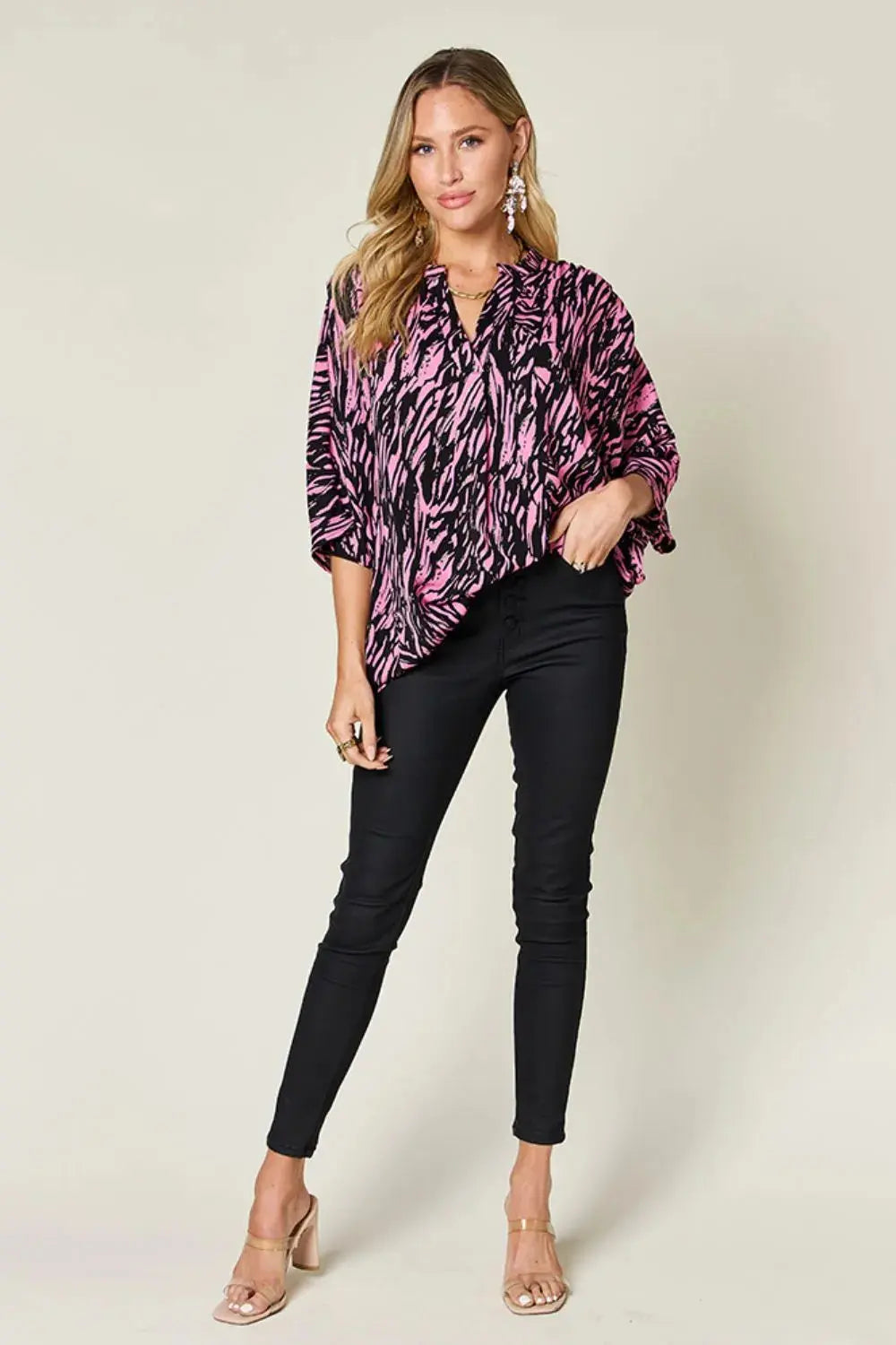 Double Take Full Size Printed Notched Three-Quarter Sleeve Blouse - Love Salve