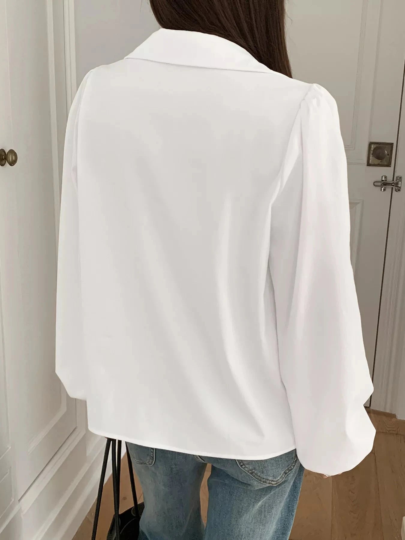 Puff Sleeve Button Down Shirt White 100 Percent Polyester Women Simply Love