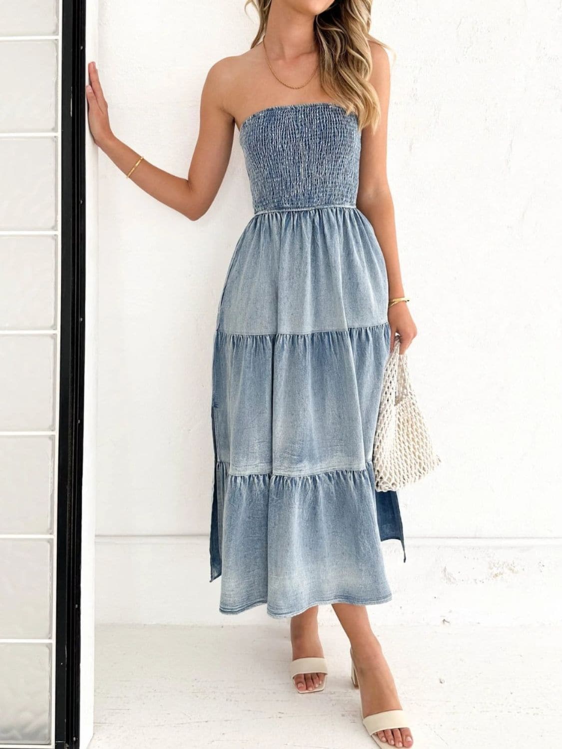 Slit Smocked Tube Tiered Denim Dress.