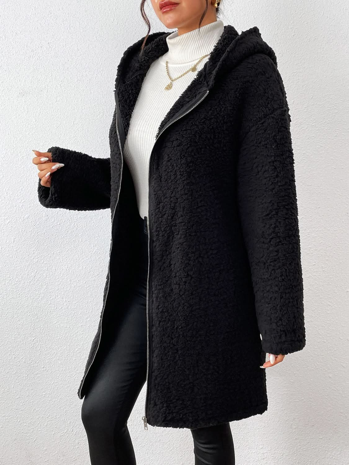 Cozy Zip-Up Sherpa Hoodie Coat with Long Sleeves