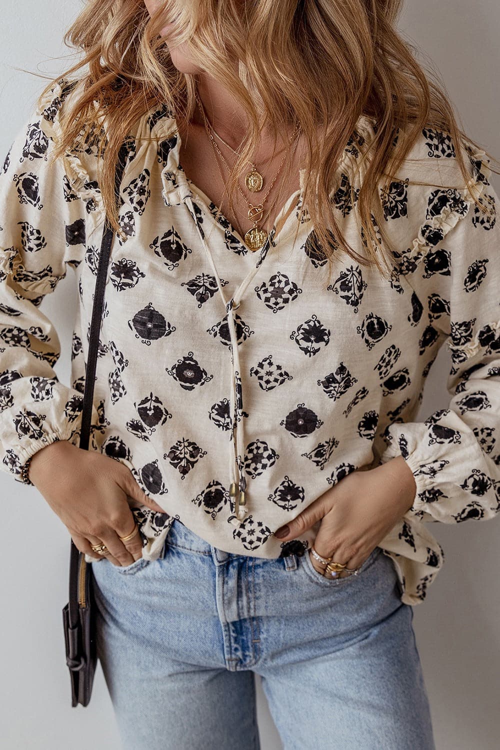 Frill Printed Tie Neck Long Sleeve Blouse.