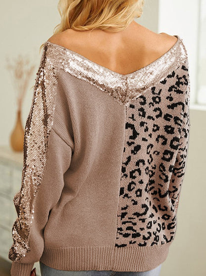 Leopard Sequin V-Neck Long Sleeve Sweater.