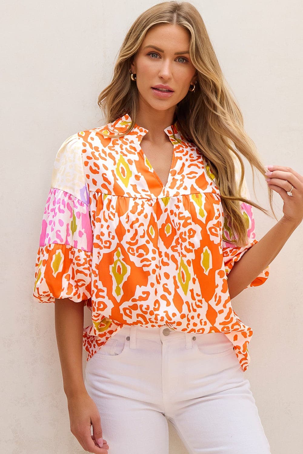 Printed Notched Half Sleeve Blouse.