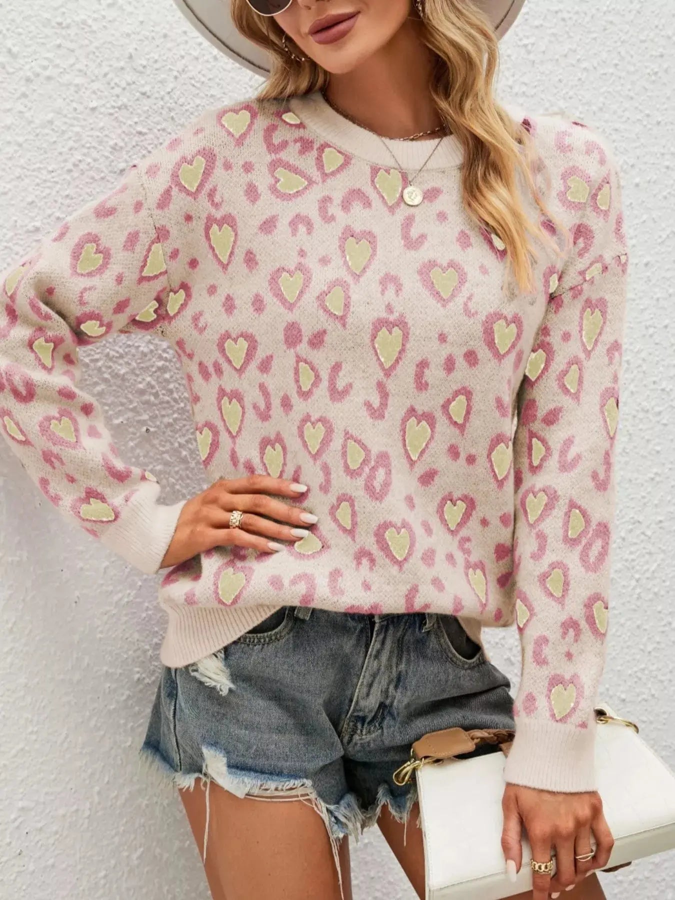 Heart Round Neck Long Sleeve Sweater Simply Love