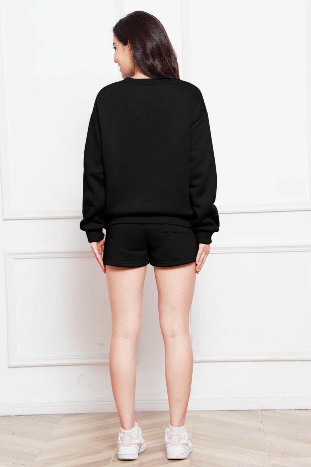 Round Neck Long Sleeve Sweatshirt and Drawstring Shorts Set.