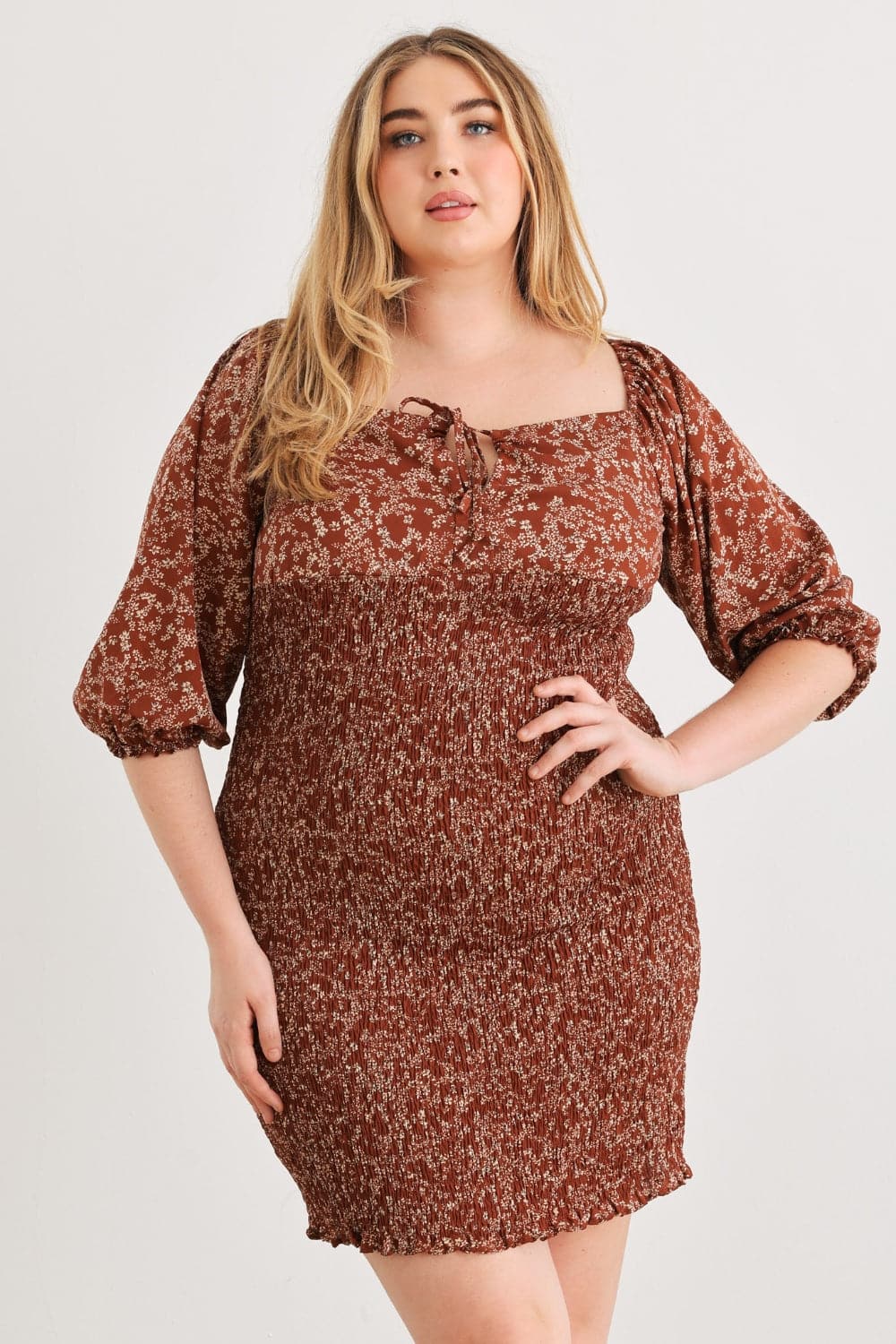 Zenobia Plus Size Smocked Printed Square Neck Mini Dress.