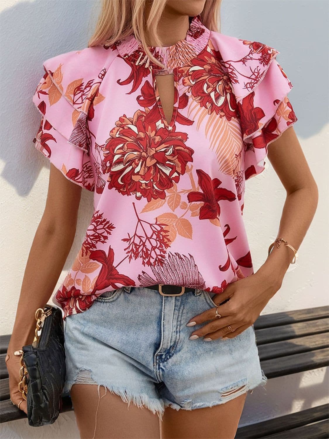 Ruffled Printed Round Neck Short Sleeve Blouse.