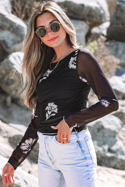 Black Floral Mesh Long Sleeve Top with Lettuce Edge and Ruched Detailing