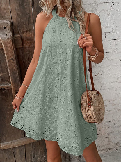 Eyelet Grecian Neck Mini Dress.