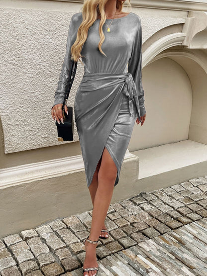 Chic tied boat neck long sleeve dress