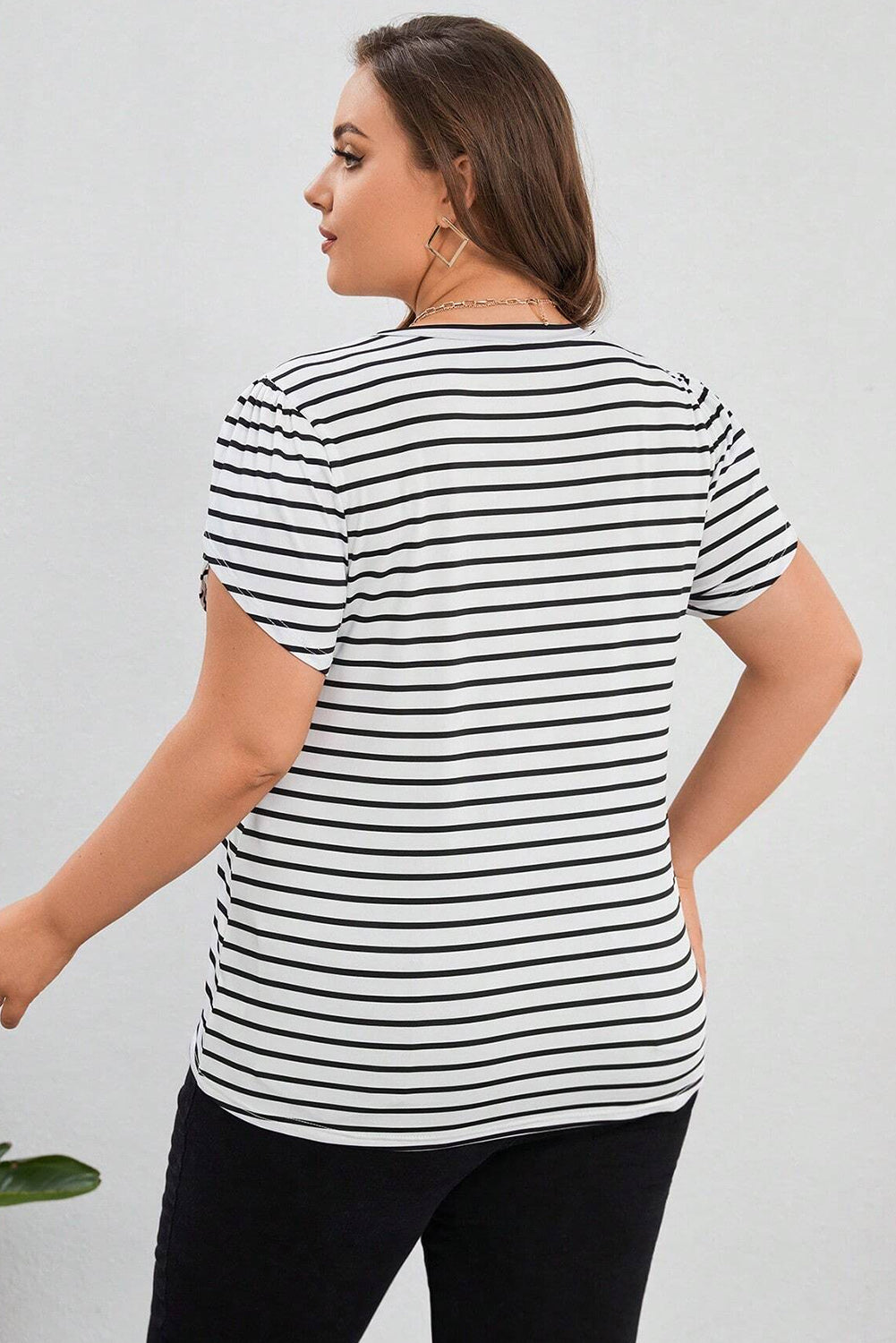 Chic white striped v neck plus size T-shirt with petal sleeves