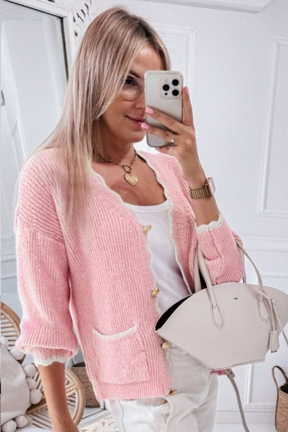 Contrast Trim V-Neck Long Sleeve Cardigan