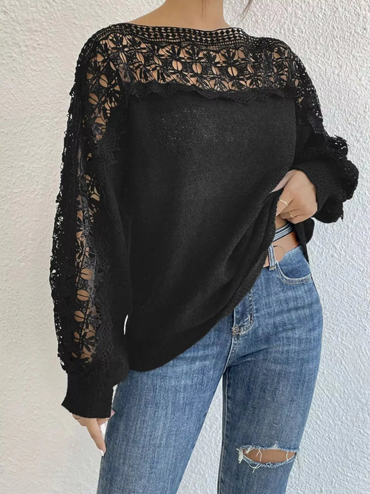 Crochet Lace Long Sleeve Knit Sweater Black Pullover Simply Love