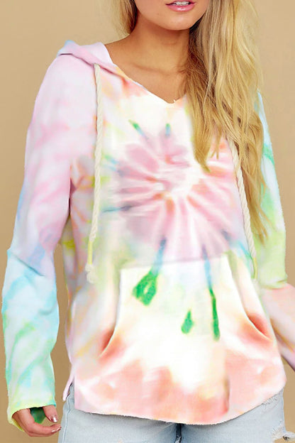 Colorful tie-dye drawstring hoodie with long sleeves