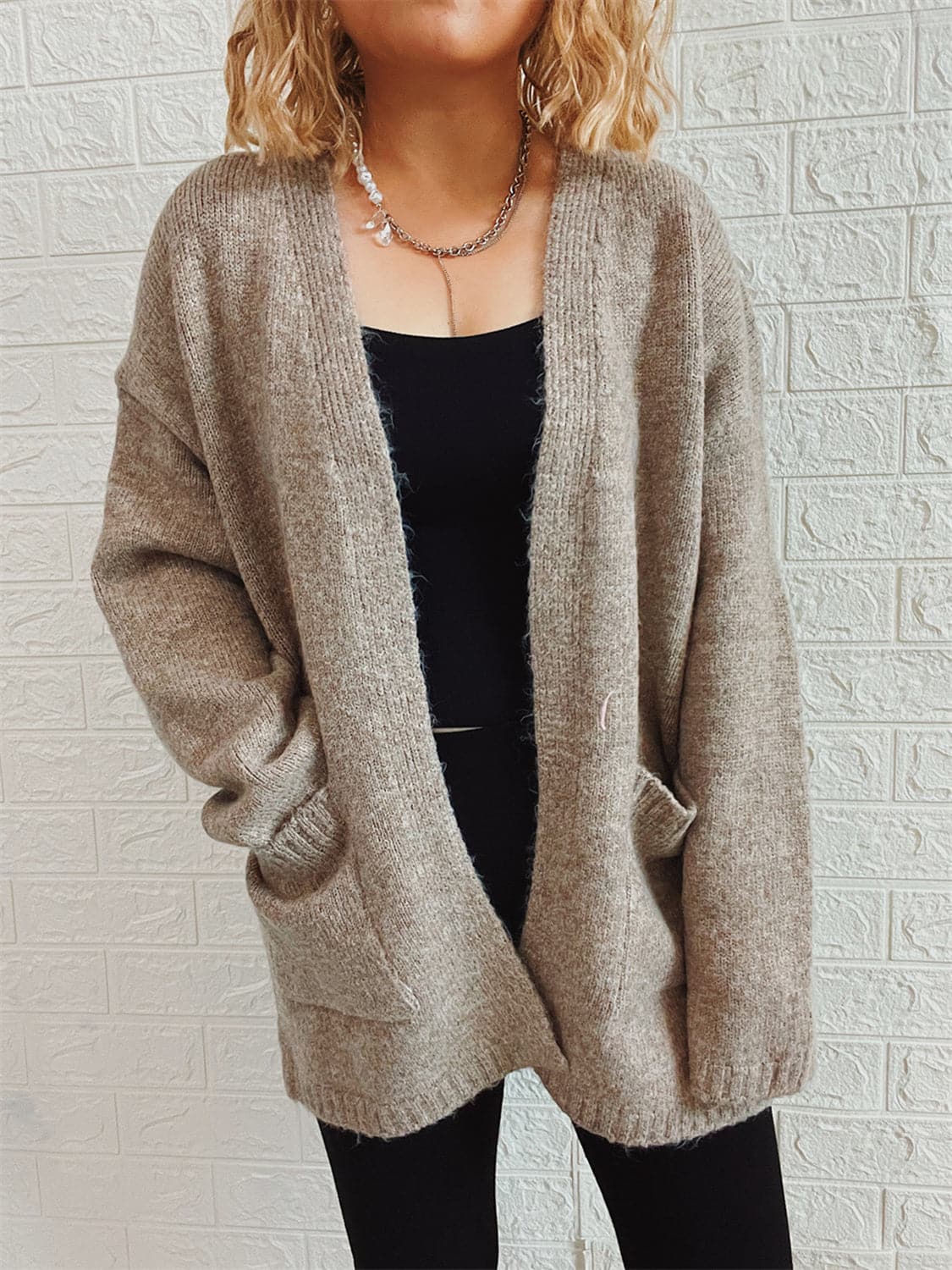 Open Front Long Sleeve Cardigan with Pockets.