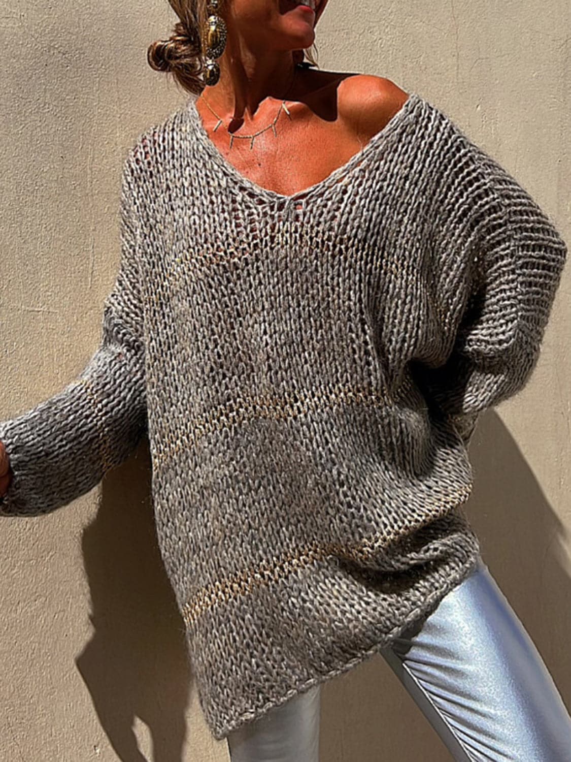 Openwork V-Neck Long Sleeve Sweater.