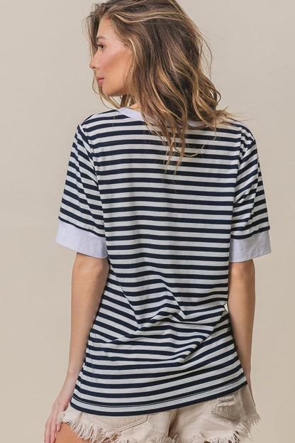 BiBi Contrast Striped Notched Knit Top.