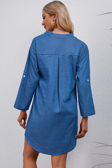 Half-Button Notched Neck High-Low Denim Dress.